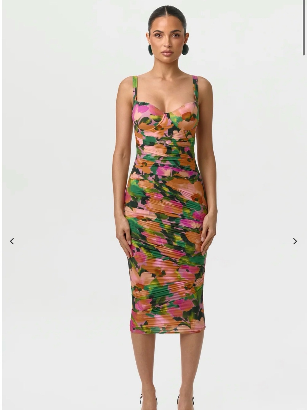 naked wardrobe Pink and Green Floral Ruched Midi Dress